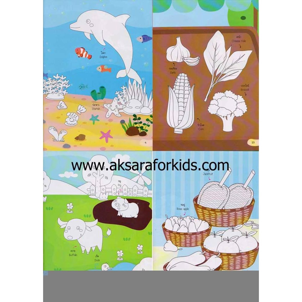 Aksara for kids หนังสือ สอนลูกน้อย ระบายสี สัตว์ ผัก ผลไม้ สิ่งของ